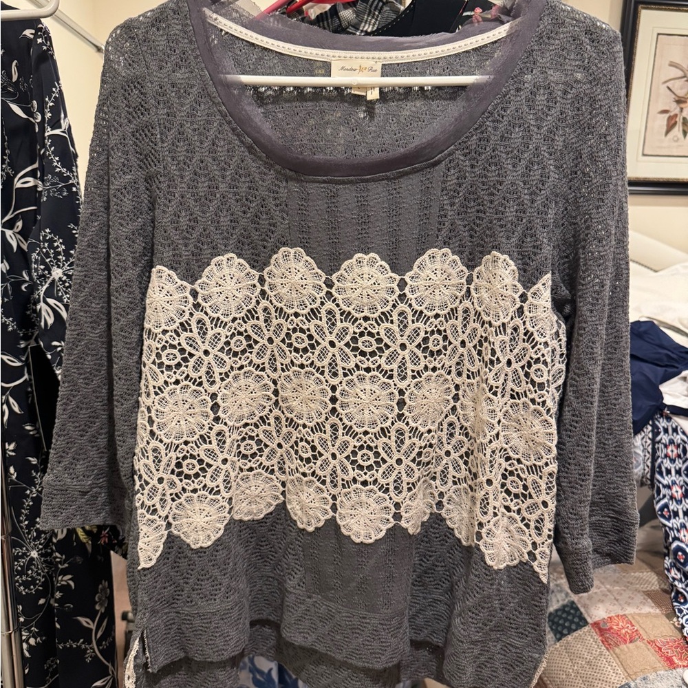 Anthropologie Gray and White Lace Sweater